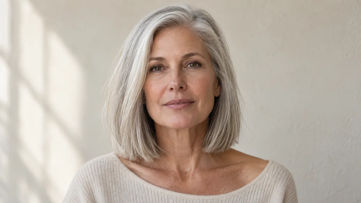 Mature woman with silver collarbone-length lob in soft window light, blunt ends catching the light against a warm off-white wall