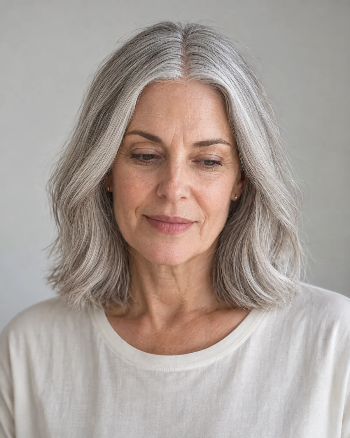 Mature woman front-facing with eyes cast down, silver one-length hair at shoulder level with clean middle part and slight natural wave, white cotton top