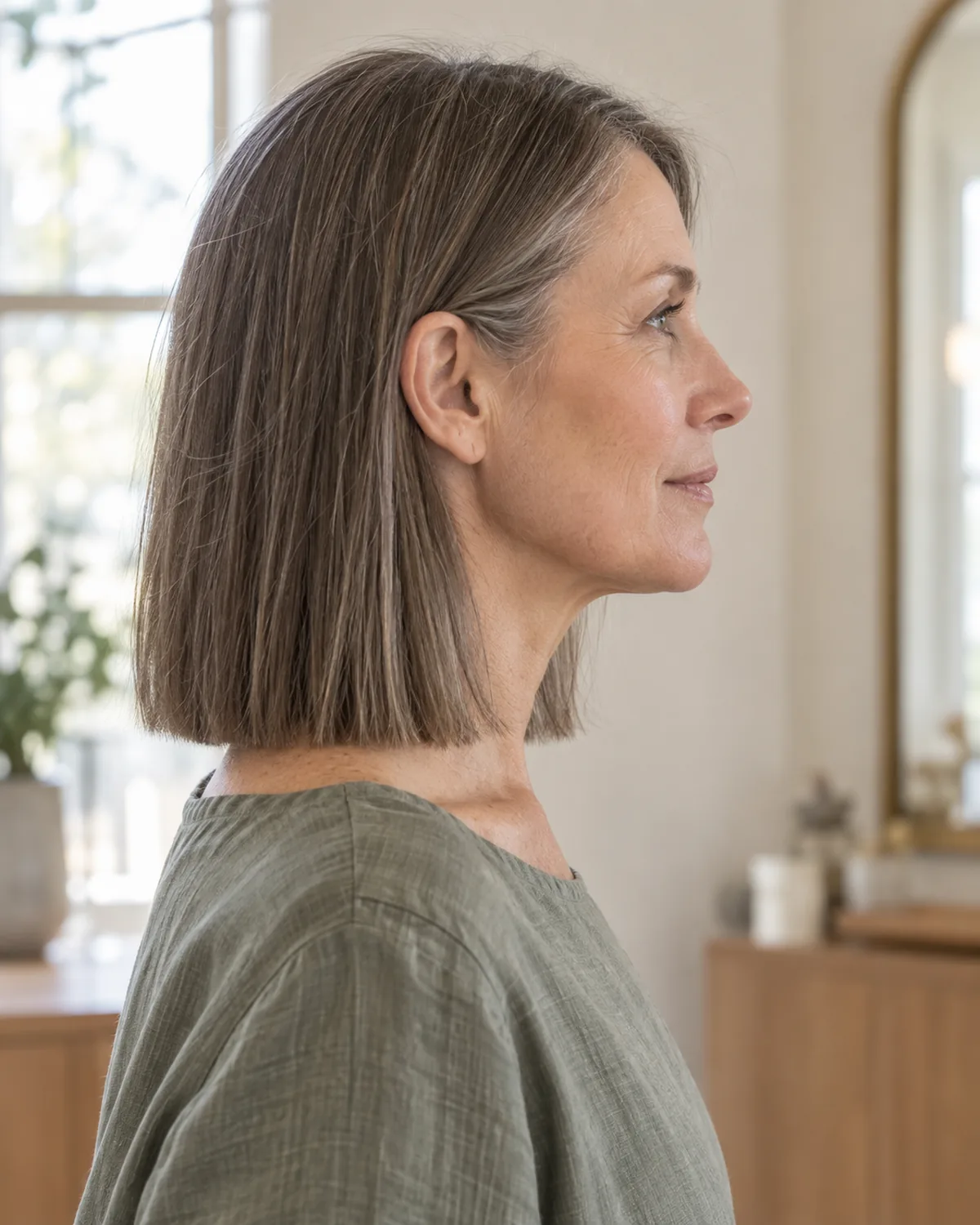 Profile view of mature woman with fine straight hair in a blunt one-length cut at the collarbone, clean perimeter line visible, sage top