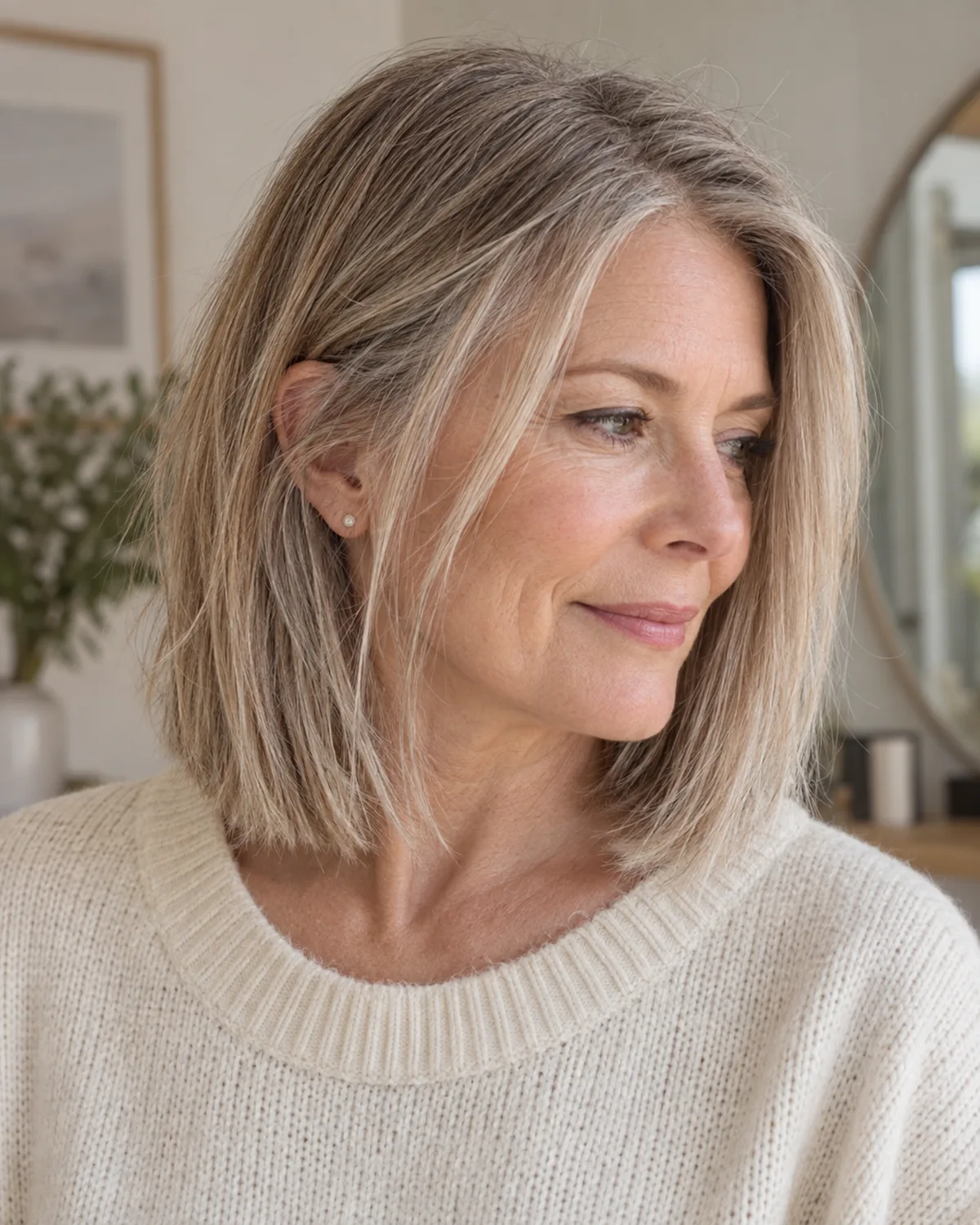 Mature woman with fine hair in a collarbone lob, three-quarter right view showing blunt perimeter with subtle internal texture, ivory sweater