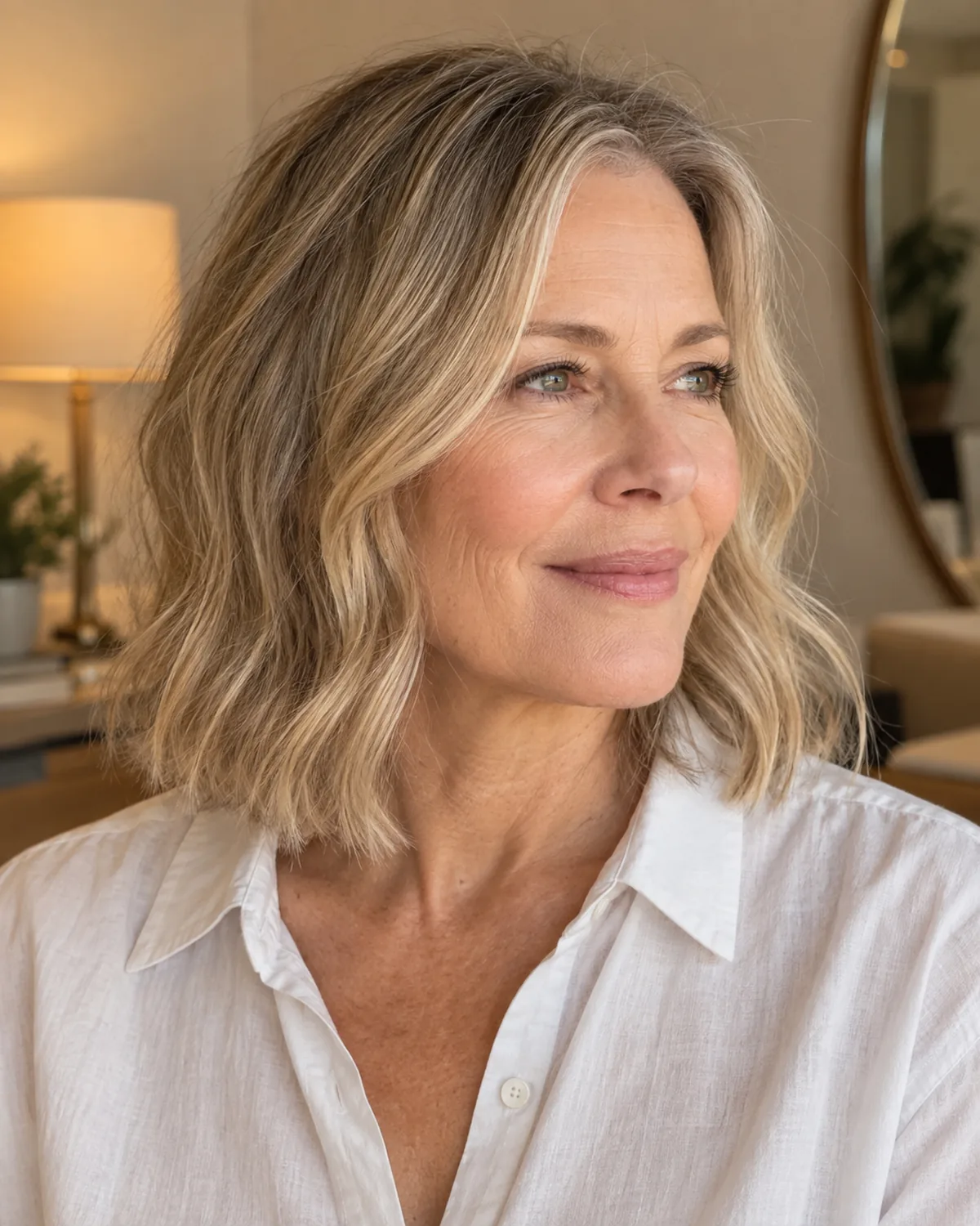 Mature woman with fine wavy hair at collarbone length, three-quarter right view showing loose waves and blunt hem, white shirt, warm lamp