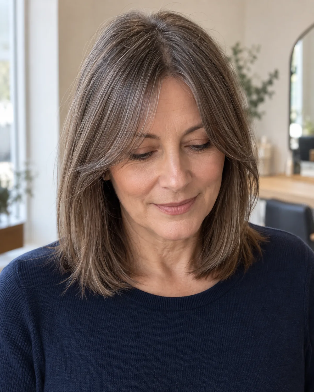 Mature woman with fine hair looking downward, curtain bangs tapering from cheekbone to jaw framing the face in a V shape, navy top