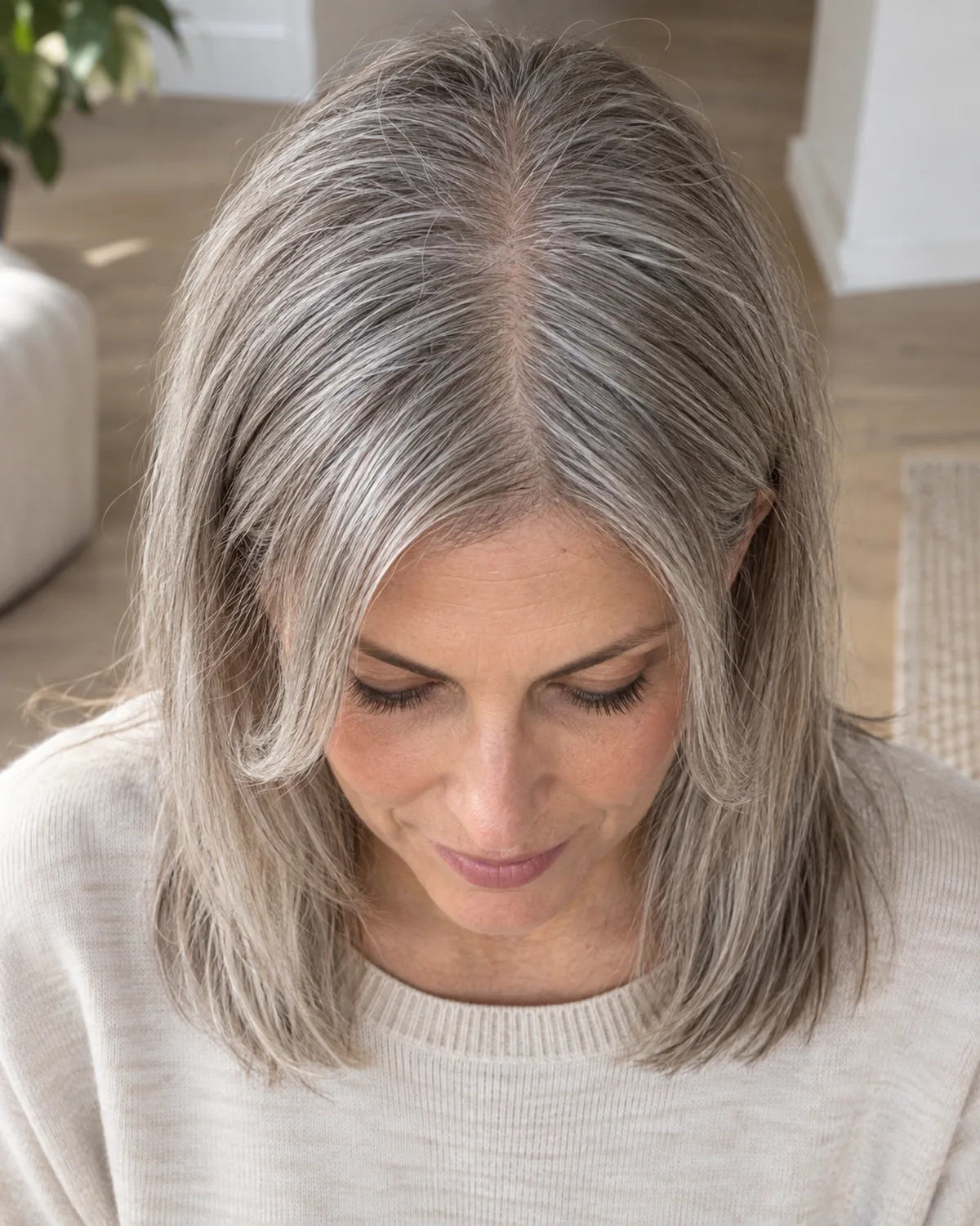 Top-down view of mature woman with fine silver-grey hair showing centre part, two shorter face-framing pieces against one-length body, cream sweater