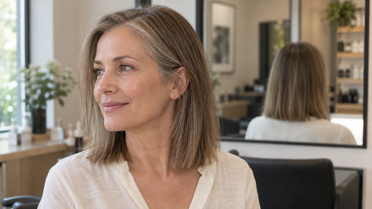 Mature woman with fine straight hair at collarbone length in a salon, three-quarter turn showing blunt perimeter and mirror reflection