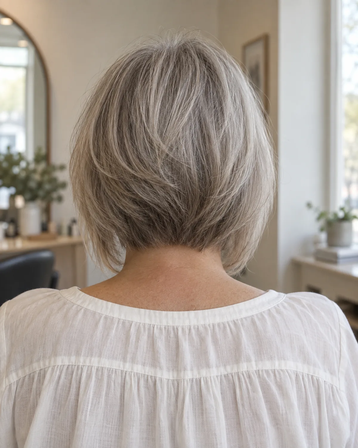 Back view of mature woman with fine silver-grey hair in a graduated bob, nape graduation clearly visible with stacked layers pushing volume upward, white blouse