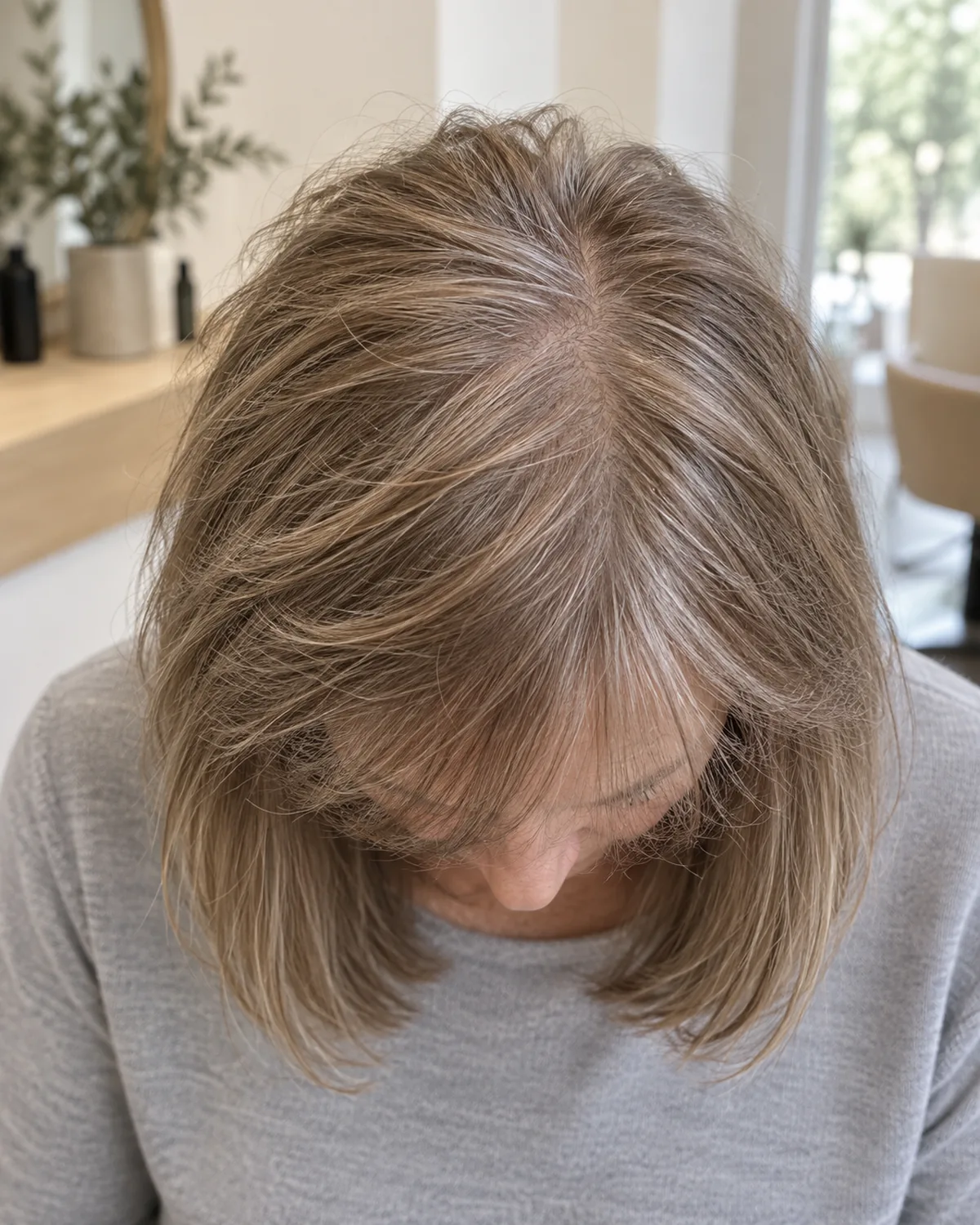Mature woman tilted forward showing crown toward camera, razor-cut crown layers creating visible root lift on fine light brown hair, grey top