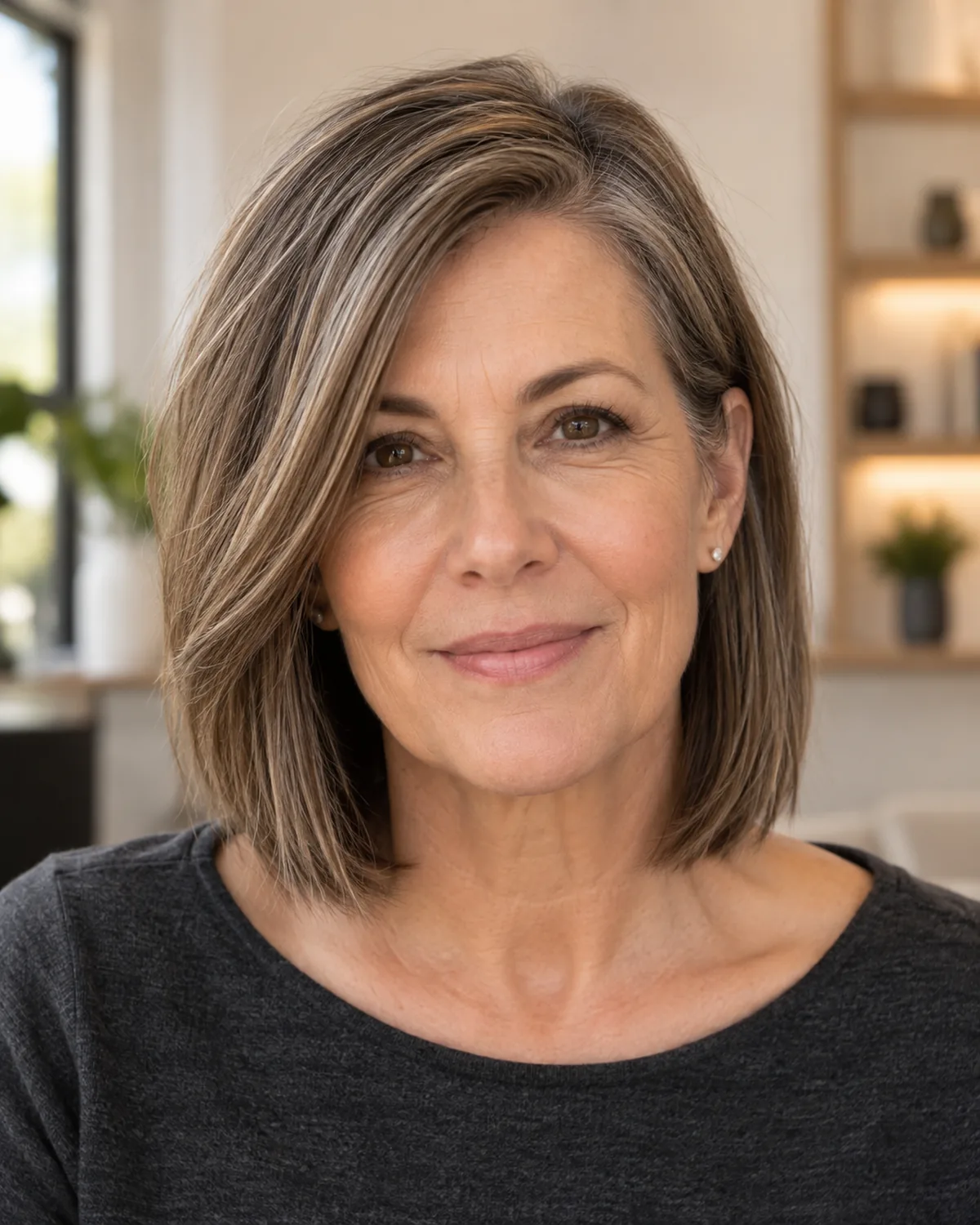 Front-facing mature woman with fine hair in a chin-to-collarbone lob with a deep side part, heavy side visibly fuller, charcoal top