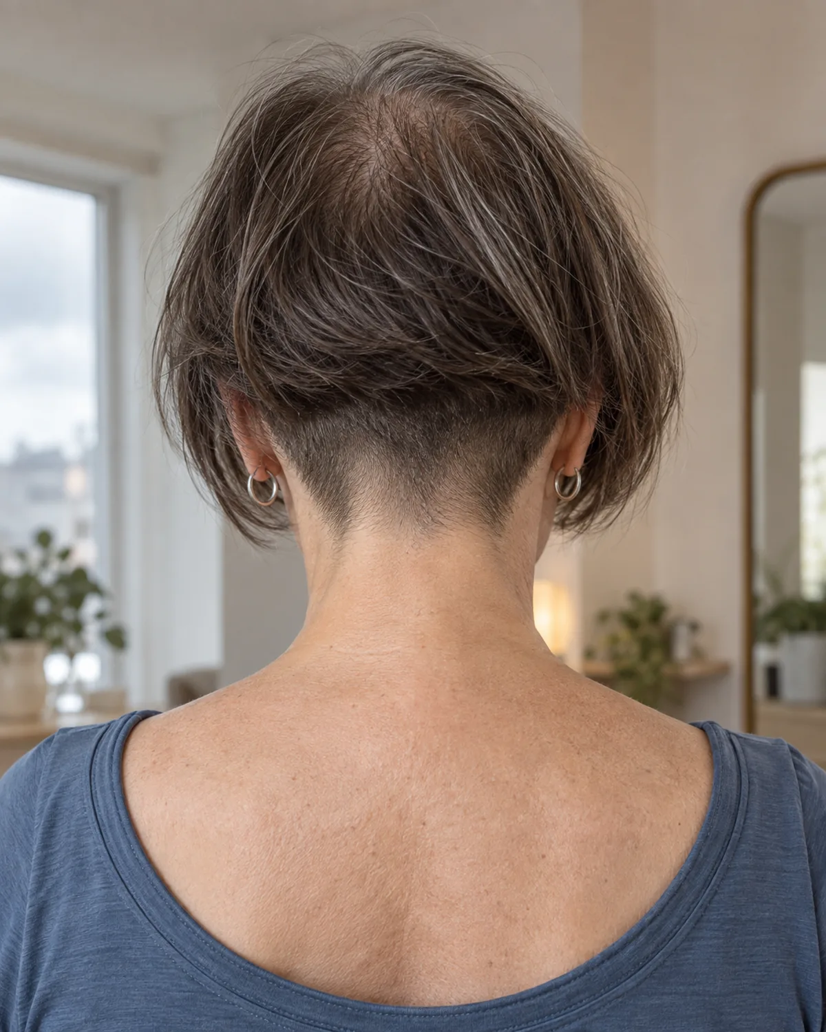 Back view from below of mature woman with fine hair showing clippered nape undercut, medium bob above, contrast between crown hair and clean nape, slate blue top