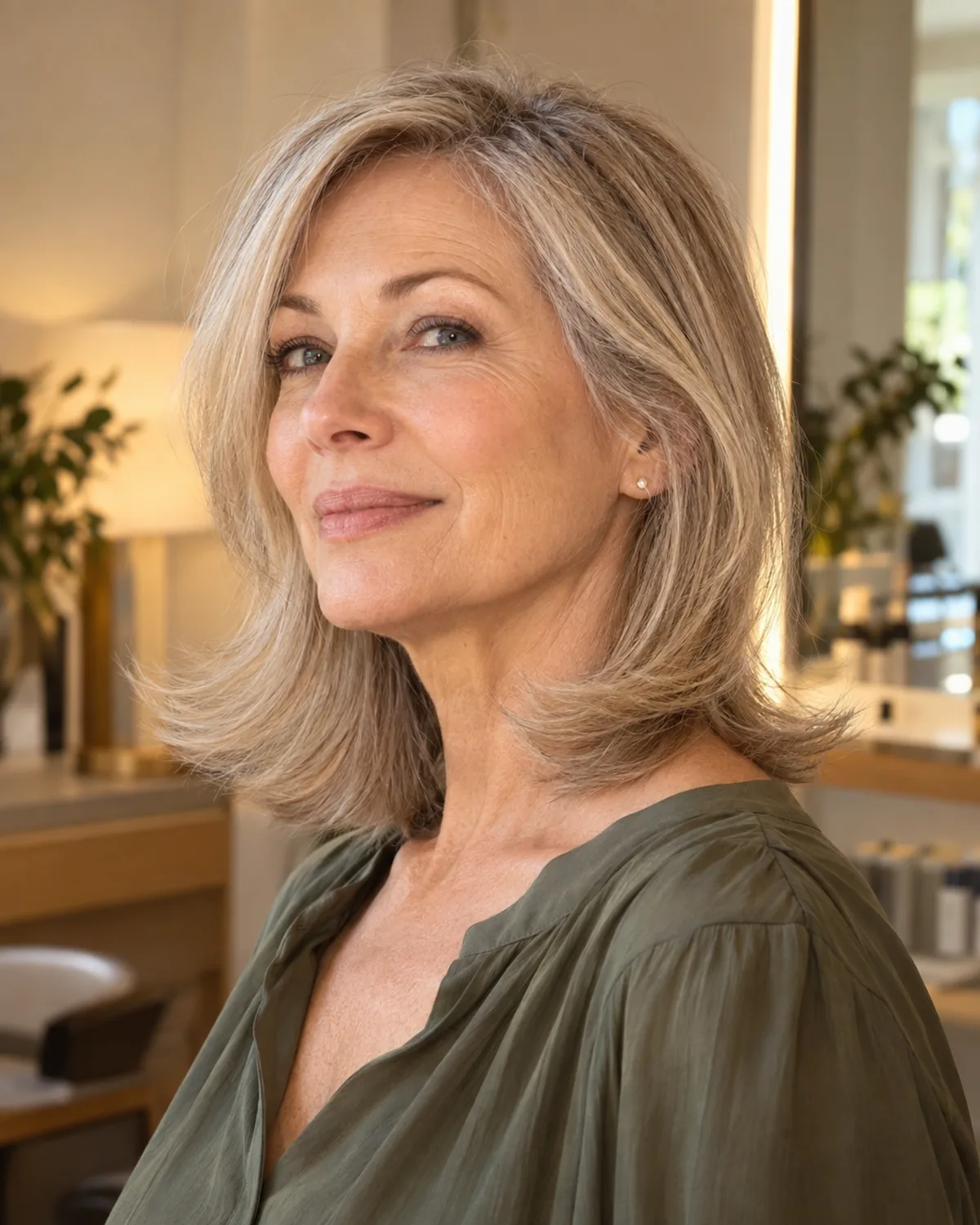 Mature woman with fine sandy blonde hair, three-quarter left view showing collarbone cut with ends flipped outward, olive blouse, warm lamp