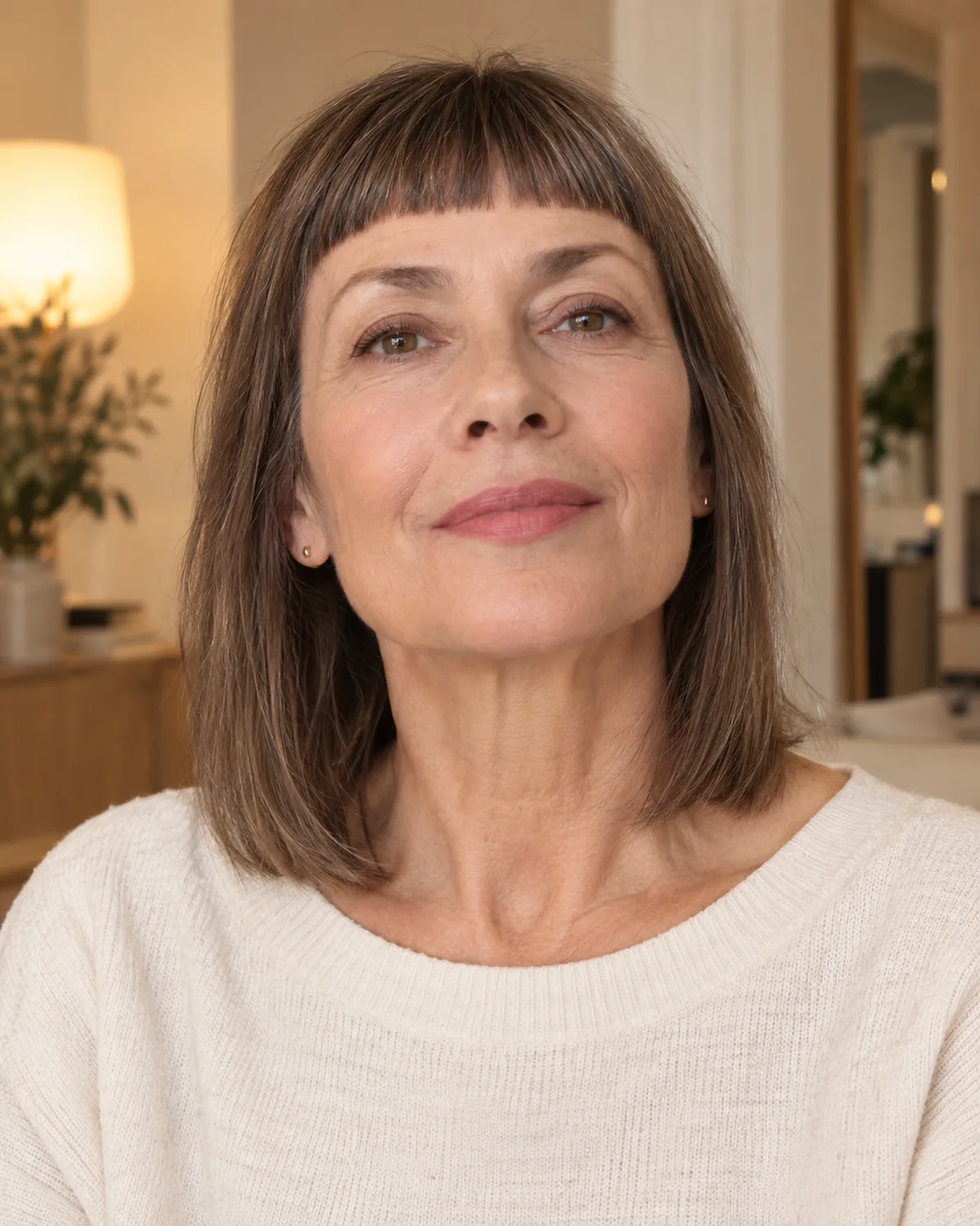 Front-facing mature woman with fine hair and a dense blunt micro fringe at mid-forehead, collarbone-length hair behind, ecru top, warm lamp