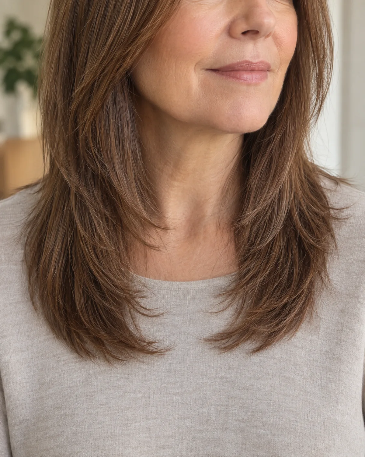 Close crop showing layered ends of mature woman with fine hair, layers starting below the chin, top section unlayered with visible density, stone top