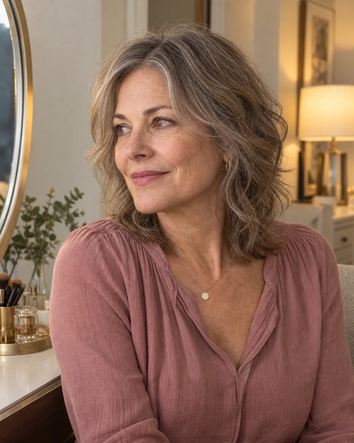 Mature woman with fine wavy hair in a medium shag with centre part, seated at vanity, crown layers adding lift, dusty rose blouse, warm lamp light