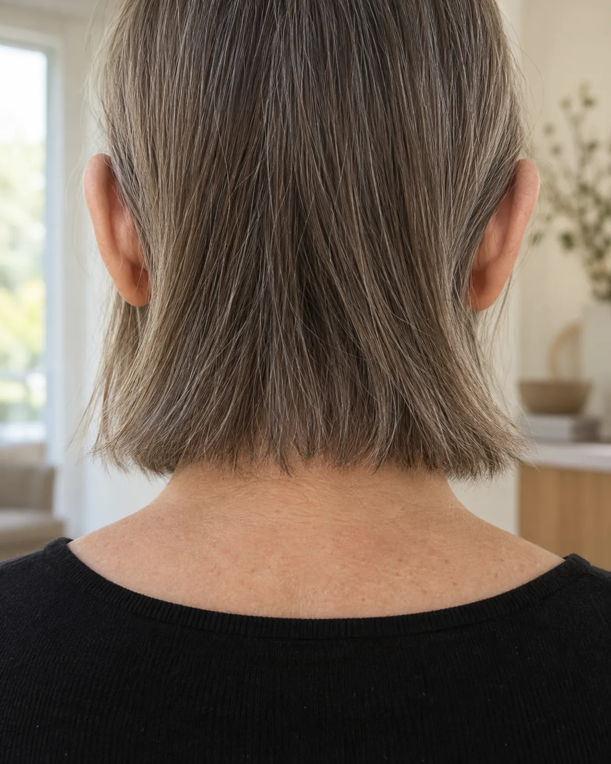 Close crop of nape and ears from behind, mature woman with fine grey-brown one-length hair tucked behind both ears showing clean tuck line, black top