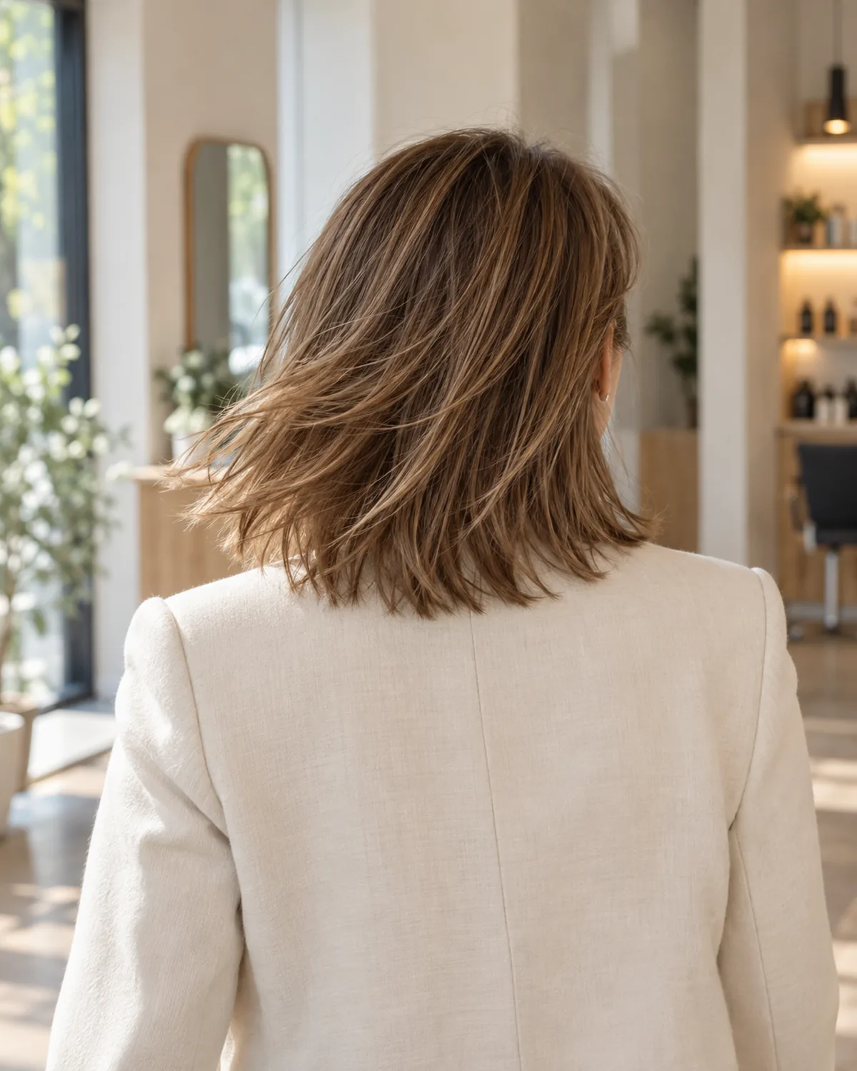Mature woman walking away, shot from behind at eye level, collarbone-length fine hair in motion showing piece-y separated ends, cream jacket