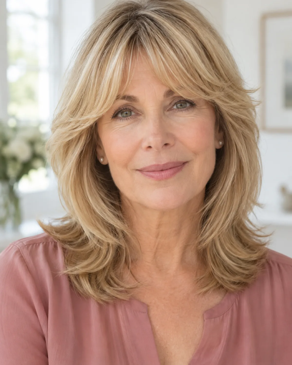 Woman over 50 front-facing with honey blonde layered hair and arched bangs curving upward at the centre