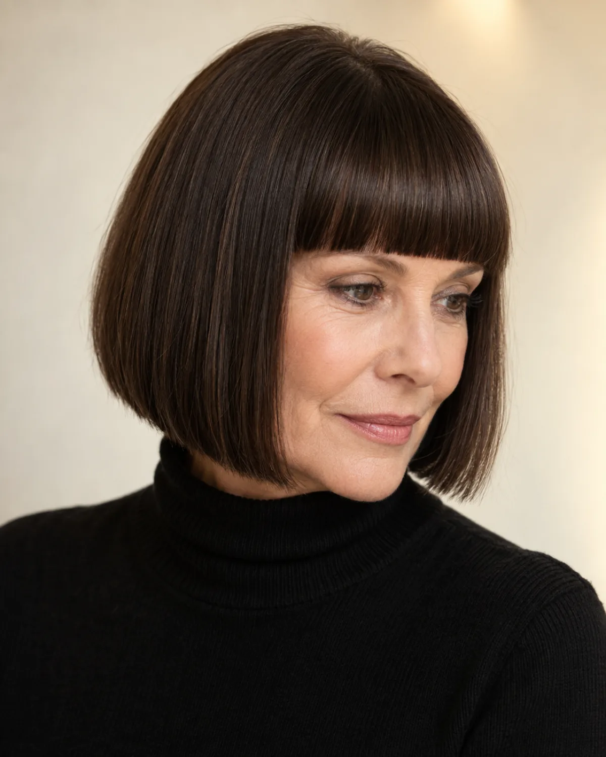 Woman over 50 with a dark brown one-length bob and a straight blunt fringe, wearing a black turtleneck