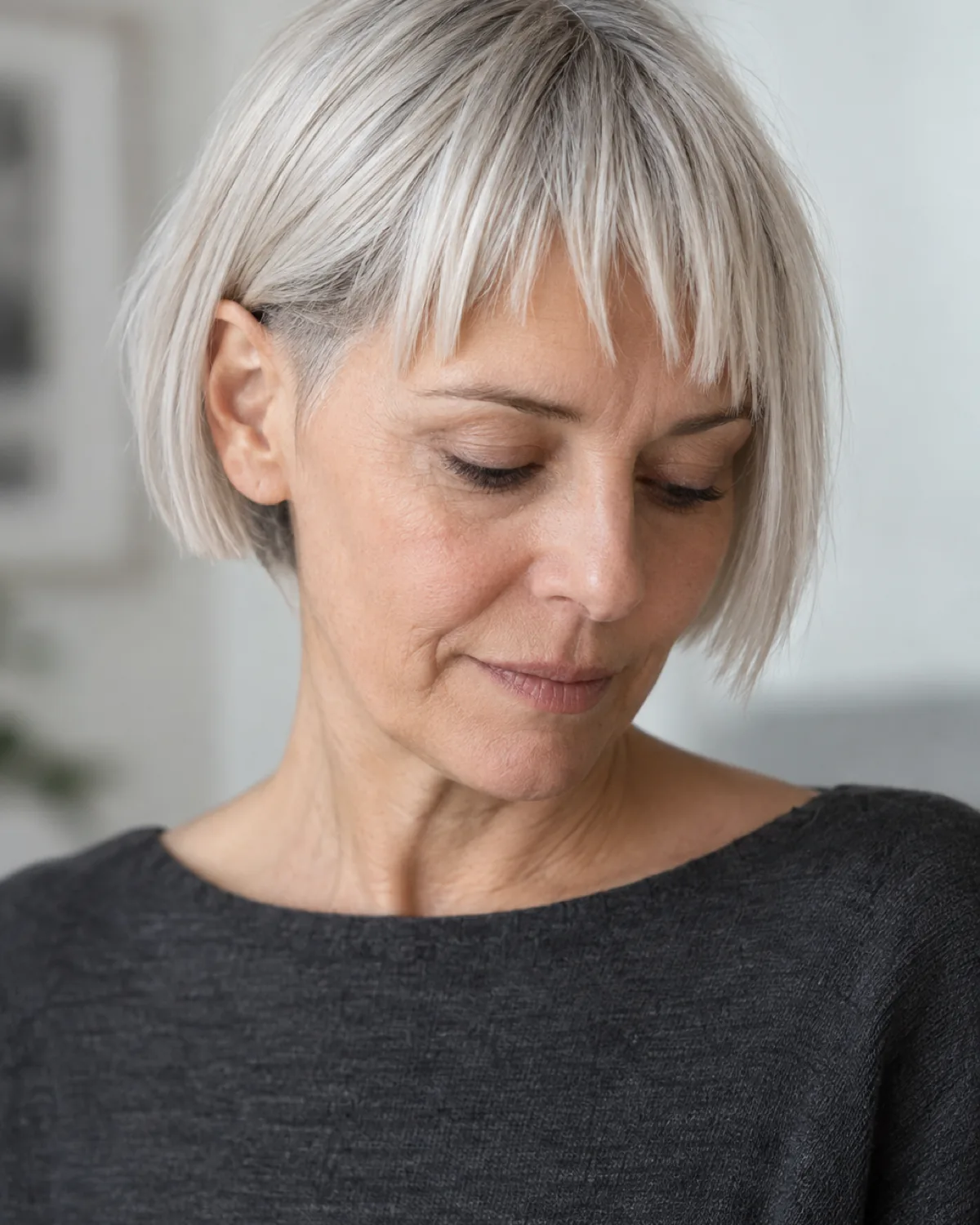 Woman over 50 with platinum silver choppy bangs and a bob, eyes downcast, wearing a charcoal top