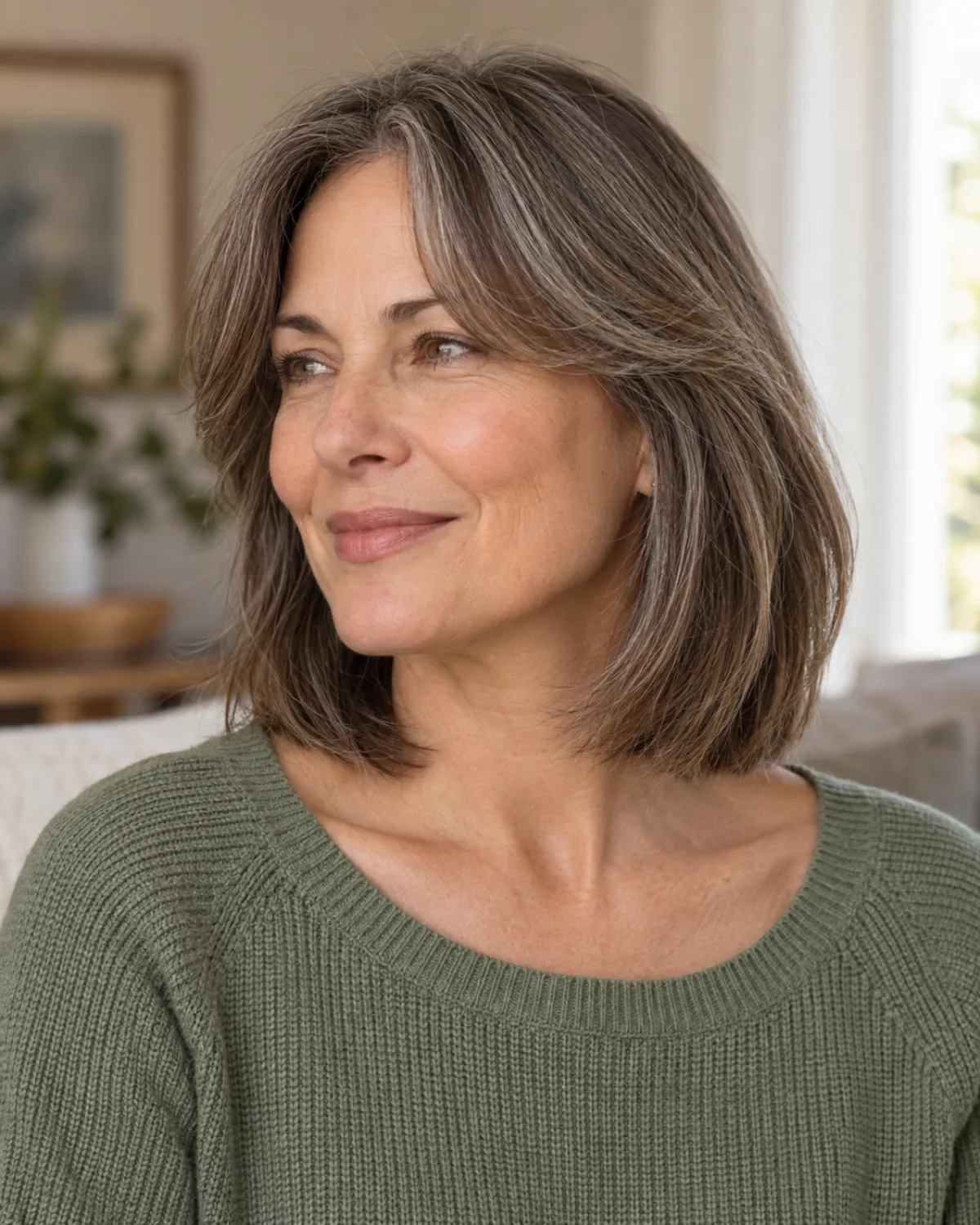 Woman over 50 with collarbone-length hair and centre-parted curtain bangs in a sage green knit top