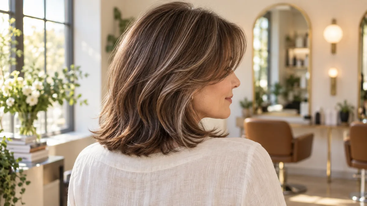 Woman over 50 seen from behind with medium-length chestnut hair and curtain bangs, standing in a warmly lit interior