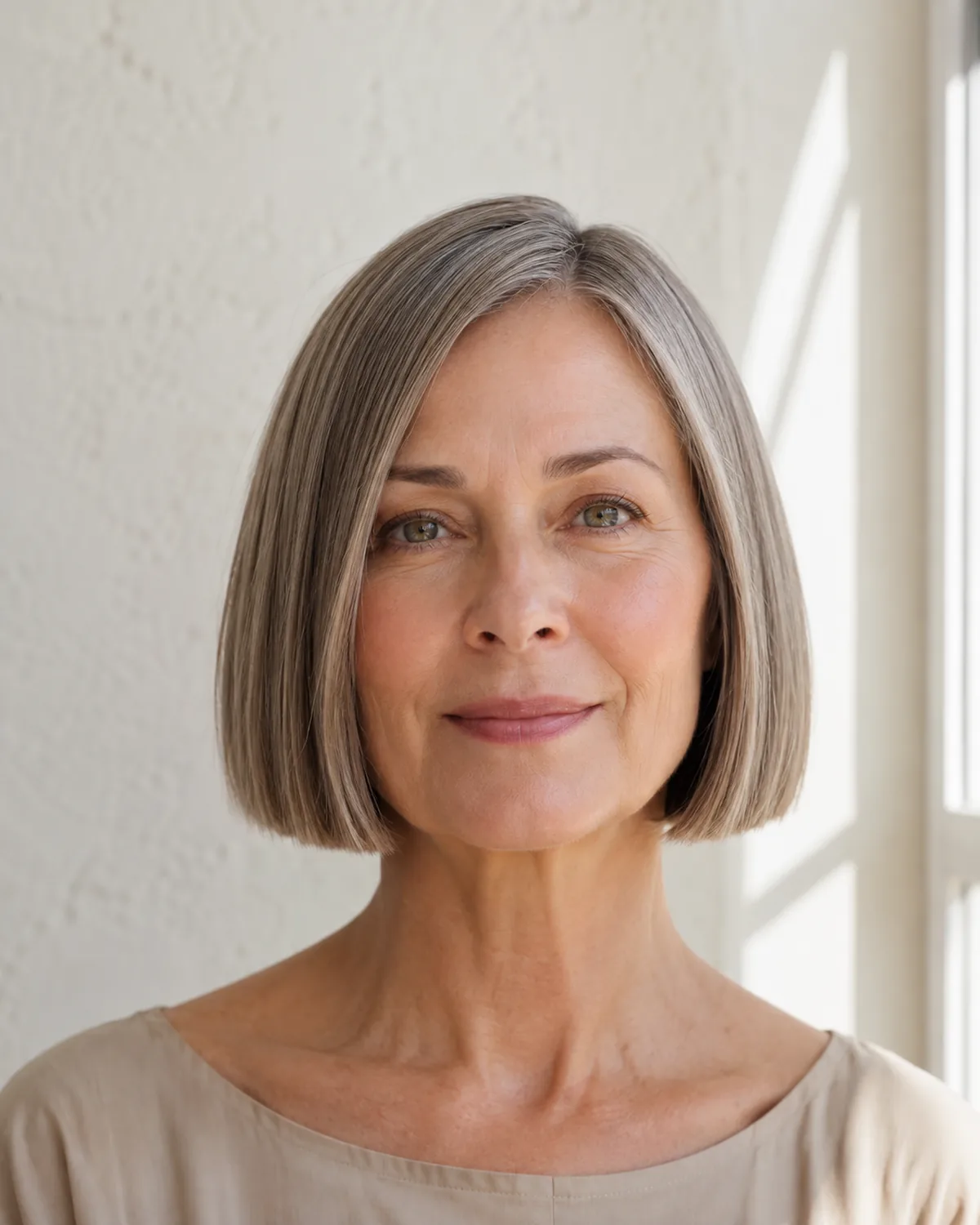 Front-facing mature woman with a sharp blunt bob cut precisely at the jawline