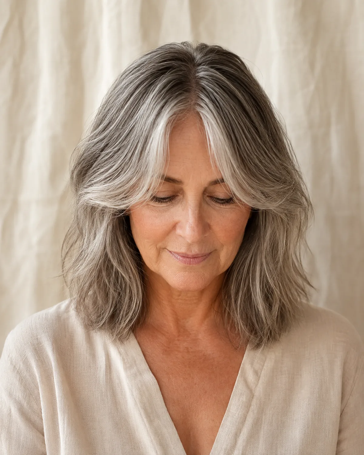 Front-facing mature woman with eyes downcast, showing collarbone-length hair with a curtain fringe splitting at the brow