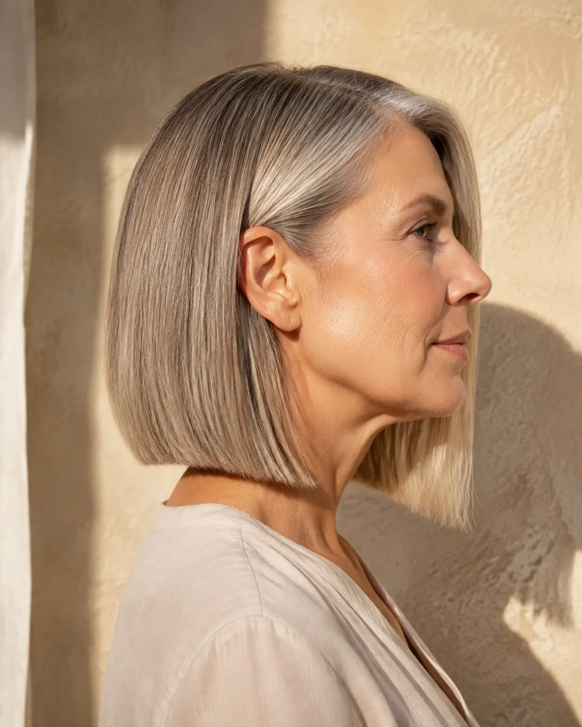 Profile view of a mature woman with a blunt collarbone lob angled slightly forward, the front panel falling longer than the back