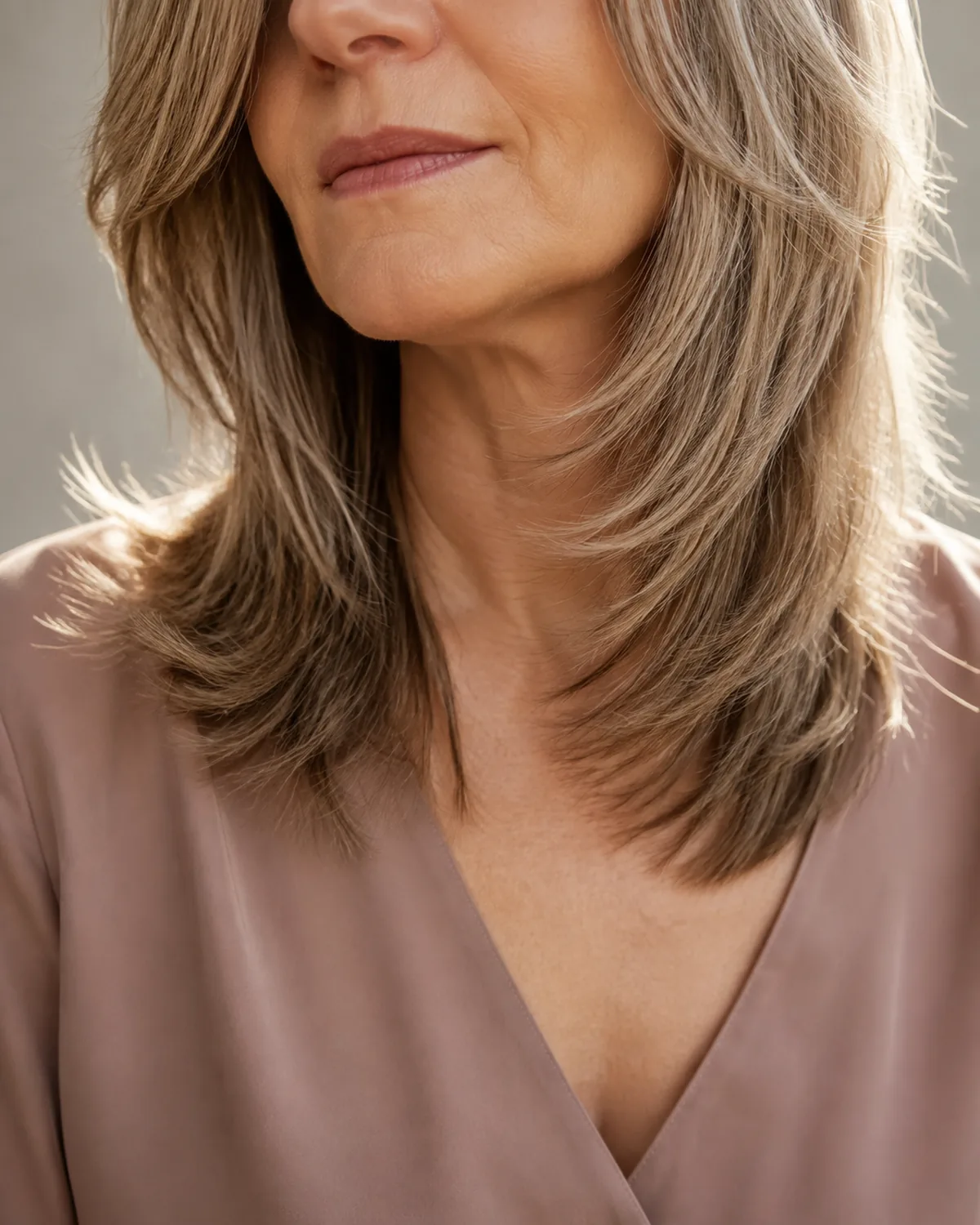 Close crop on the mid-length to tips of a mature woman's hair showing light razored feathered ends