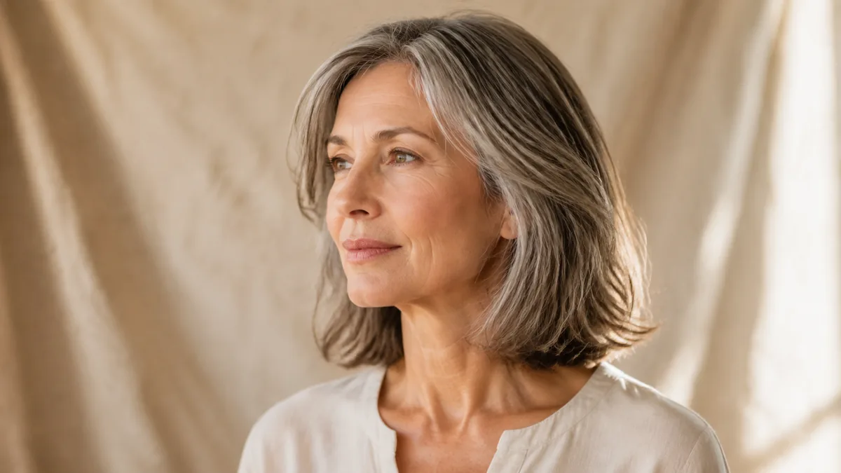 Mature woman with medium-length layered gray-streaked hair in a three-quarter turn, soft window light on a warm linen backdrop