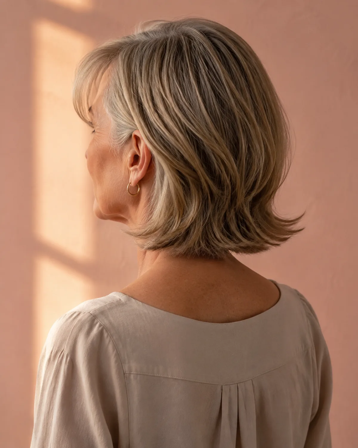 Back three-quarter view of a mature woman with medium-length hair where the ends kick outward in a visible flip