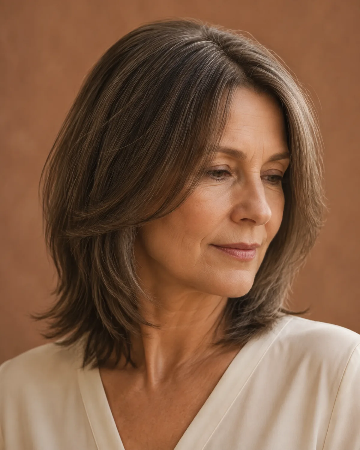 Mature woman in three-quarter view with a long layered bob, face-framing layers starting at the cheekbone