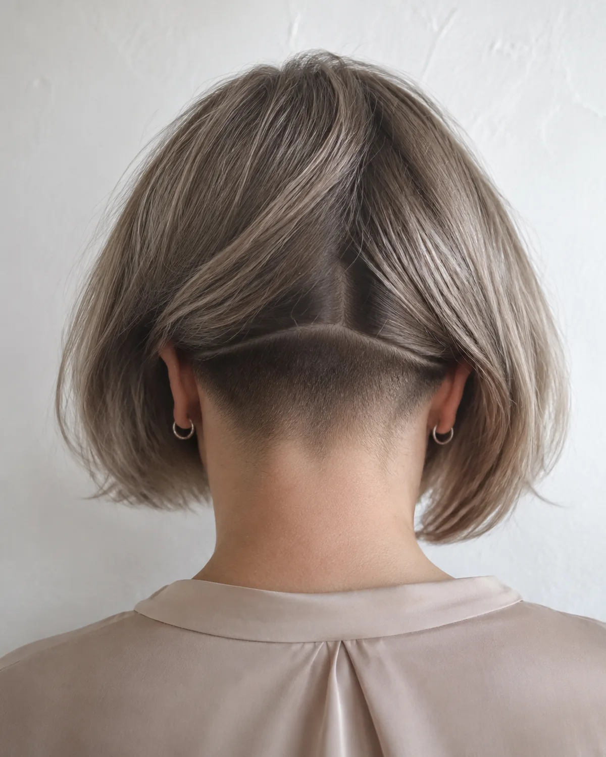 Close crop on the nape from behind showing a lob with a hidden undercut, the shaved nape area visible where the longer hair parts