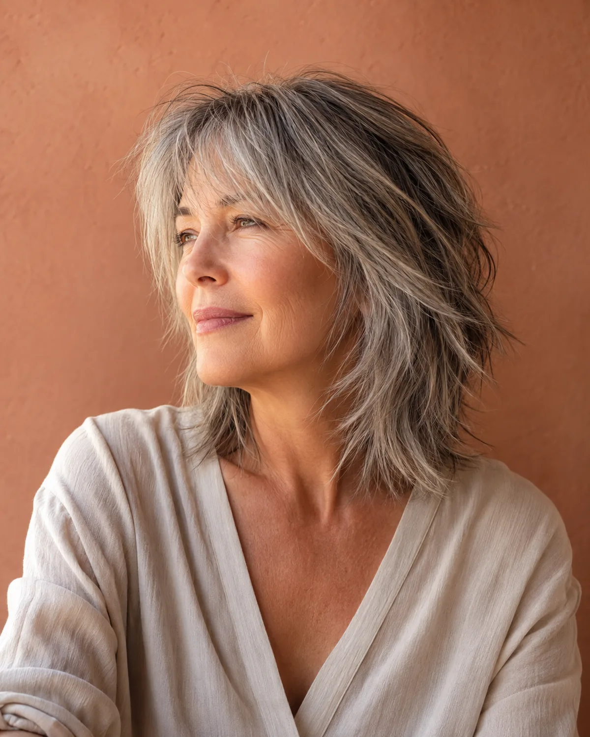 Three-quarter view of a mature woman with a medium shag, aggressively point-cut choppy ends creating texture and movement