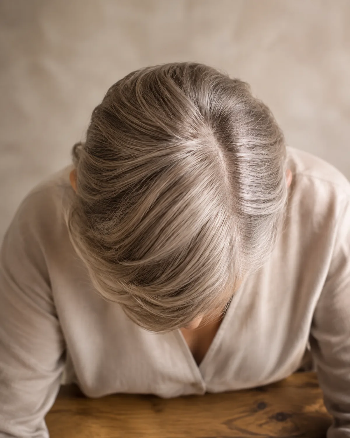Top-down view of a mature woman showing a deep side part with medium layers sweeping across