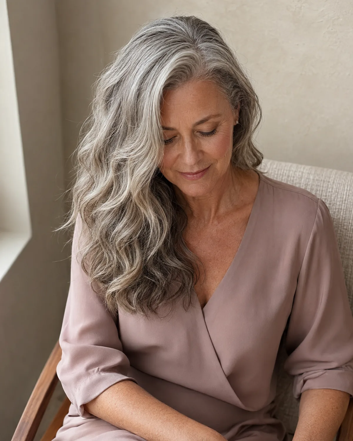 Mature woman seated, shot from above, with soft shoulder-length waves falling forward over one shoulder