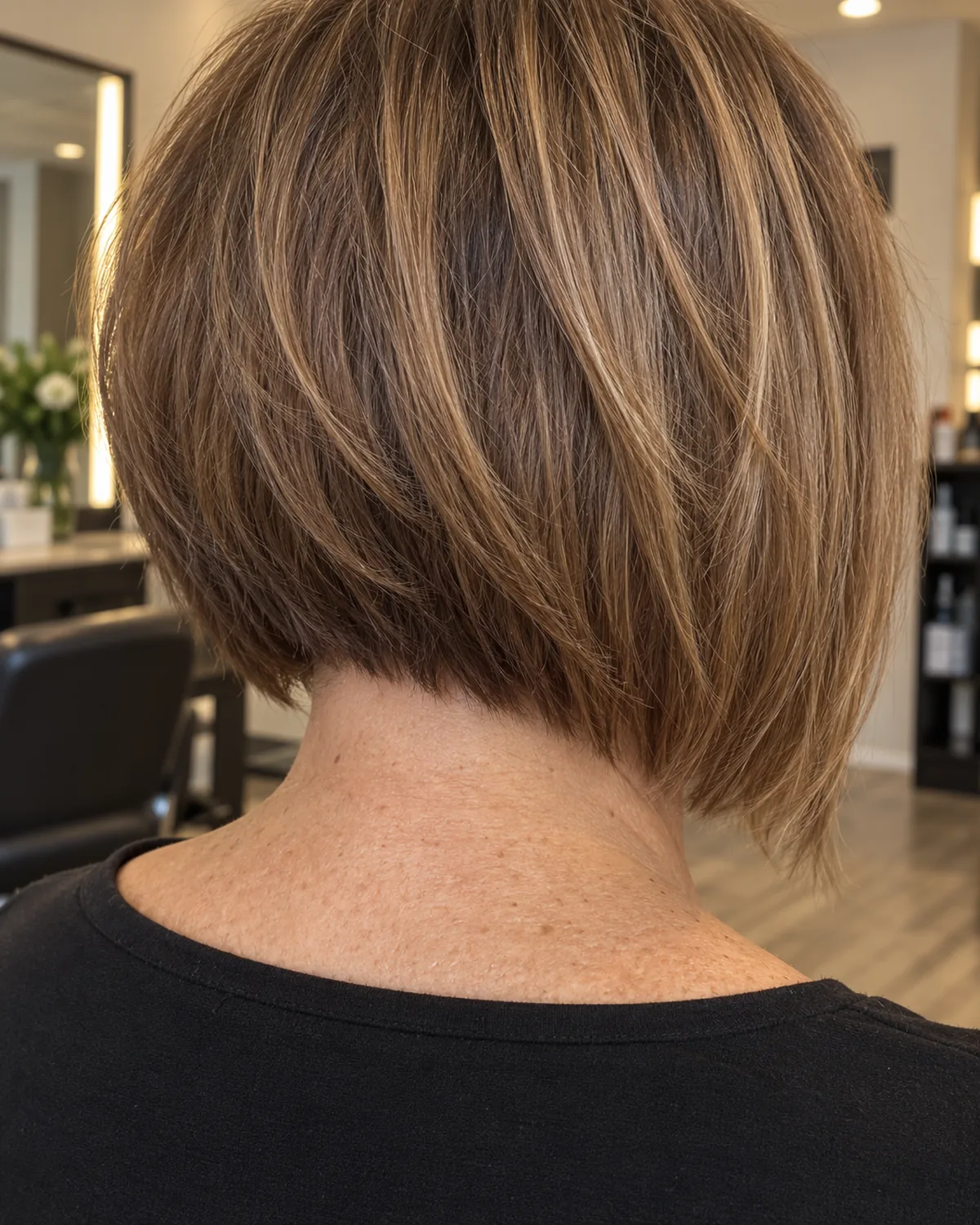 Close-up of nape and back hairline showing an A-line lob on thick honey-brown hair, shorter at the back and longer toward the front, point-cut tips visible