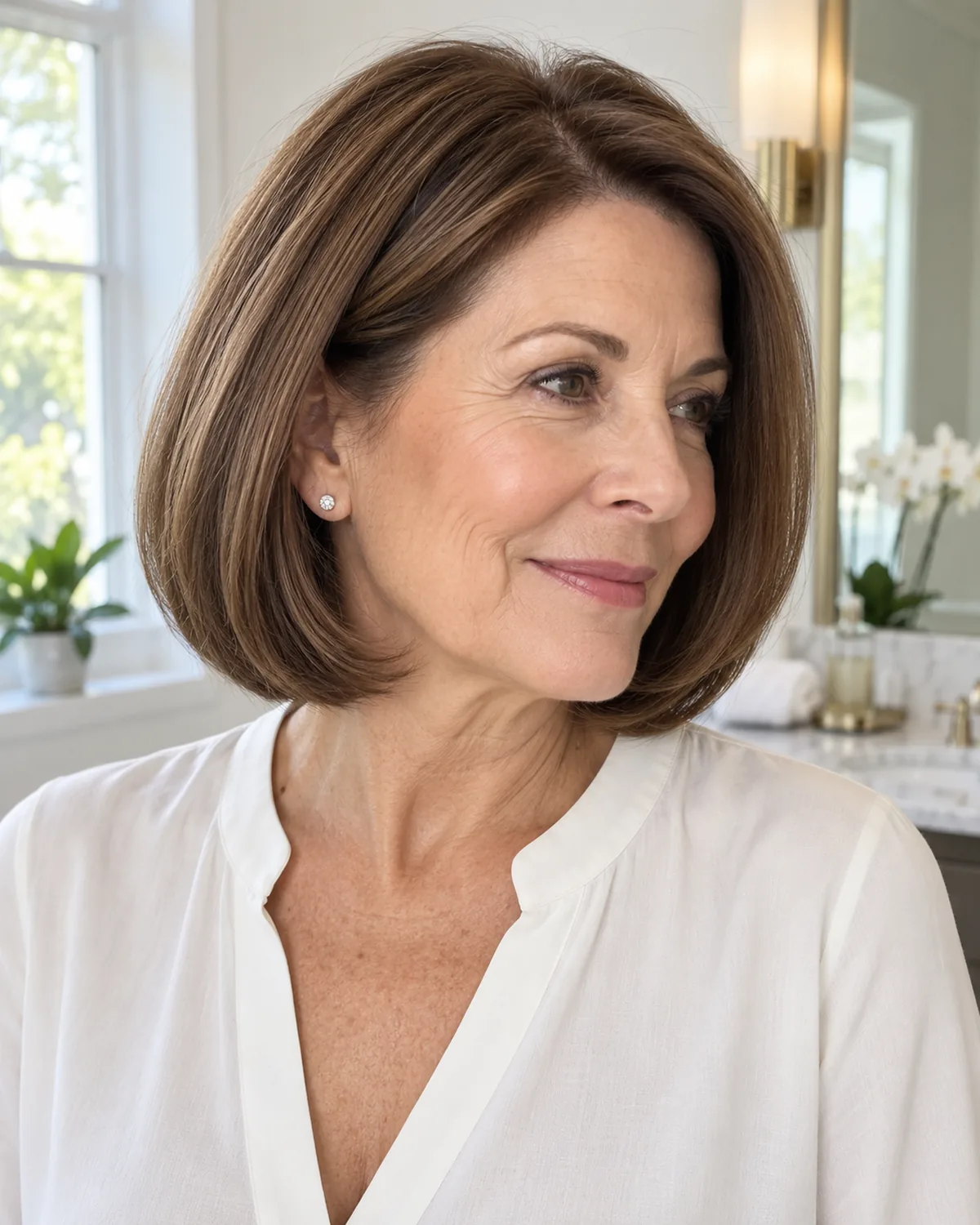 Three-quarter profile of mature woman with thick chestnut-brown below-chin bob showing bevelled ends curving inward, bathroom setting with natural light
