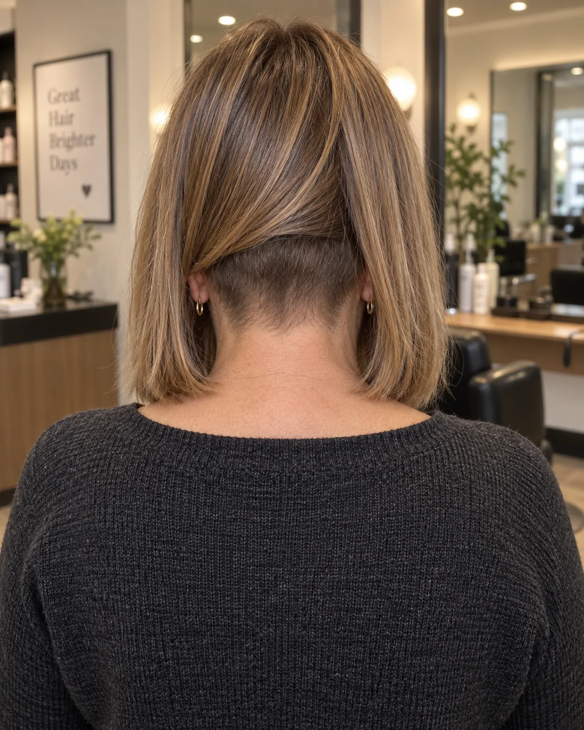 Back view of mature woman with thick blonde shoulder-length hair showing a hidden undercut at the nape, the demarcation line between short and long sections visible