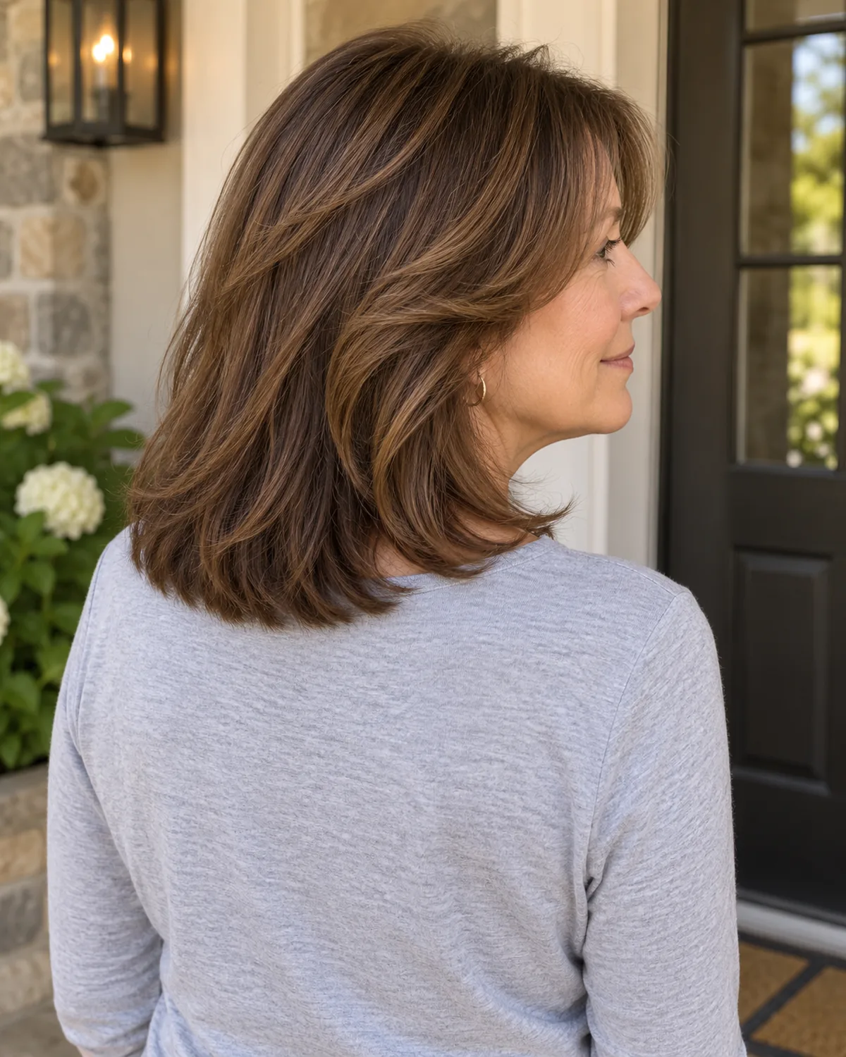 Back-three-quarter view of mature woman with thick medium-brown collarbone-length hair with curtain layers starting at the cheekbone, outdoor porch with natural afternoon light
