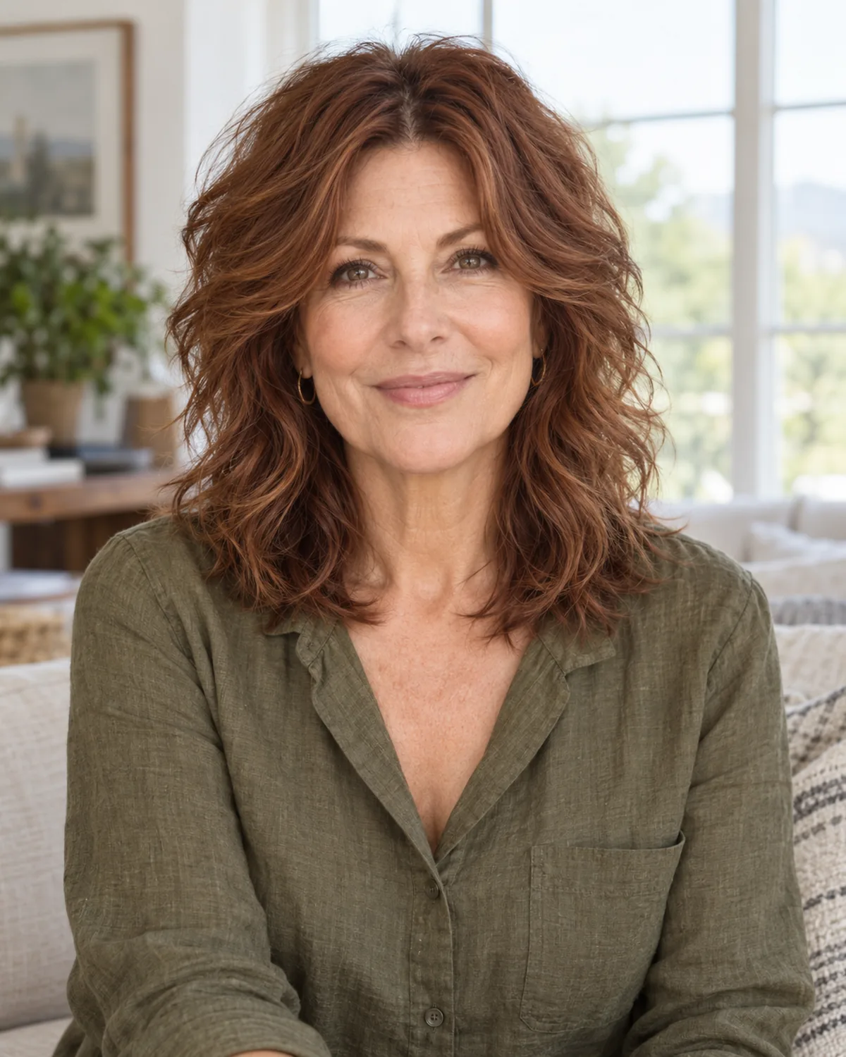 Front-facing mature woman with thick wavy auburn hair in a medium-length textured shag with a centre part, domestic living room with natural light