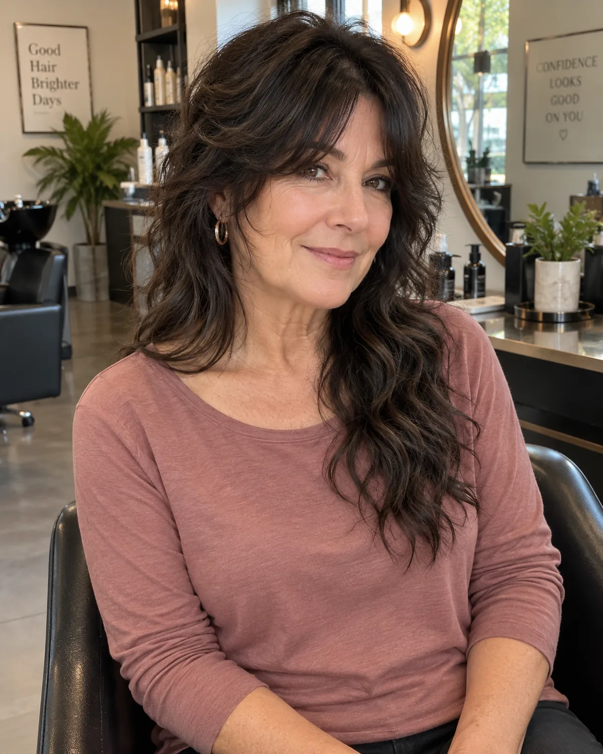 Seated mature woman with thick dark wavy hair in a medium wolf cut, short choppy face-framing layers at the jaw with longer back length, salon setting from above