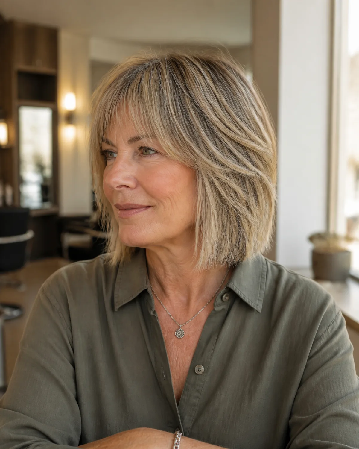 A woman in her late 50s with a collar-length choppy shag, three-quarter view, silver-threaded dark blonde hair with layers starting at the cheekbone and blunt choppy ends at the collar