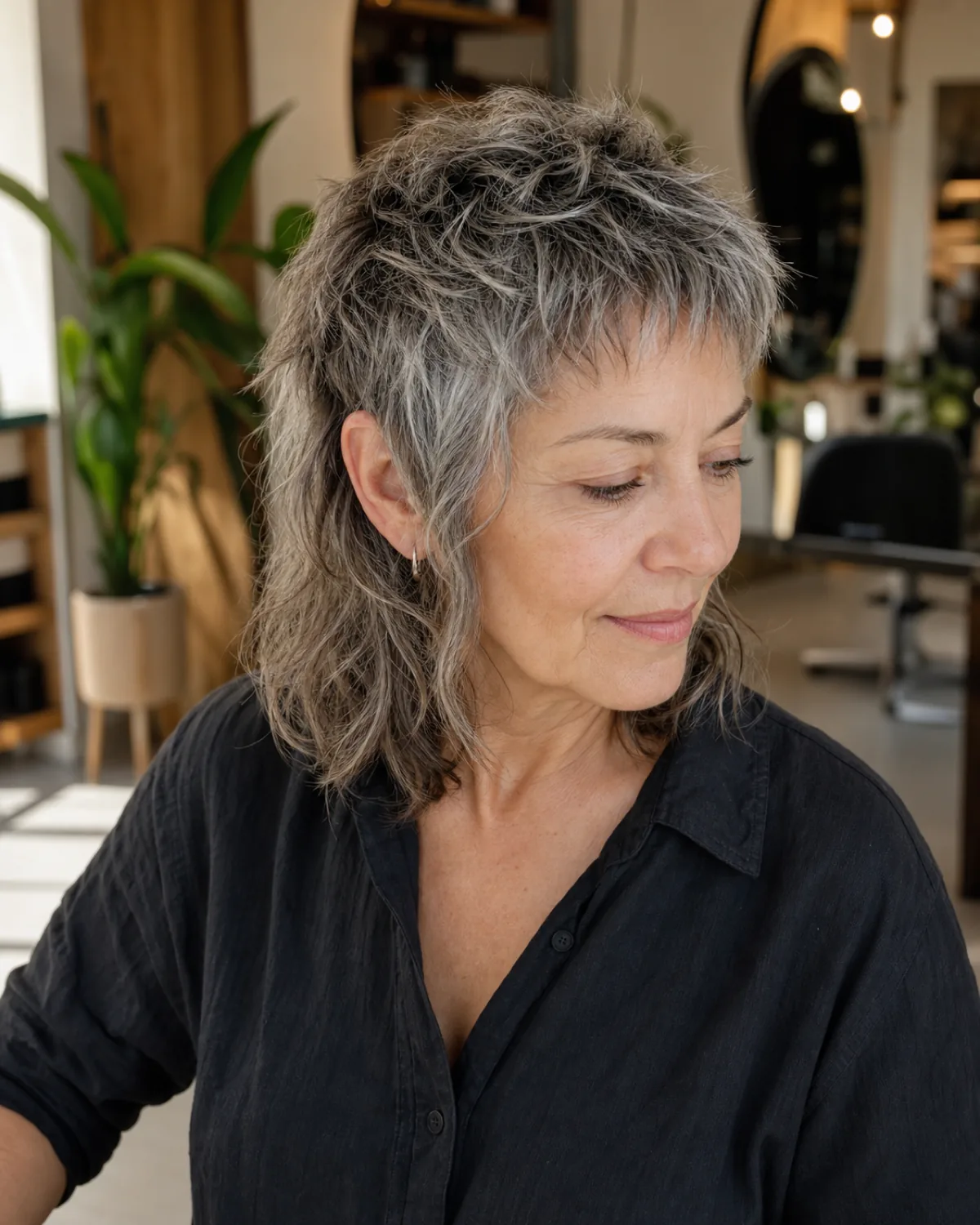 A woman in her early 60s with a disconnected shag, three-quarter view to the right, very short choppy crown over collar-length wavy perimeter, salt-and-pepper hair showing the clear disconnect between crown and perimeter