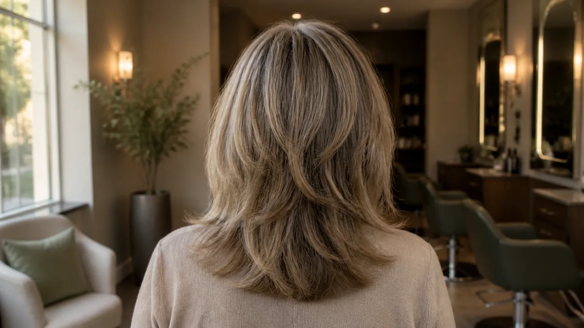 A woman in her late 50s seen from behind in a salon, medium-length shaggy layered hair catching warm window light at multiple lengths from crown to shoulder
