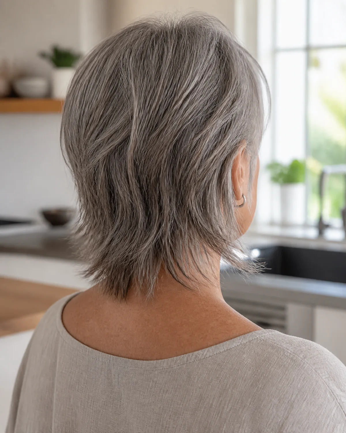 A woman in her early 60s with a low-maintenance piece-y shag at medium length, back-three-quarter view showing the nape, natural grey hair with point-cut ends that separate into individual textured strands