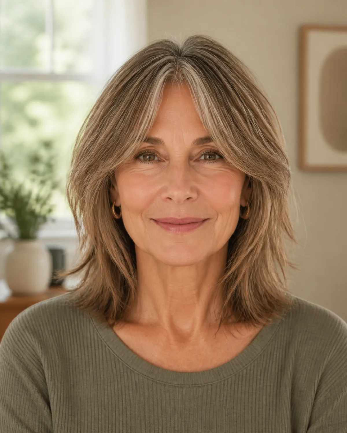 A woman in her early 60s with a shoulder-length shaggy cut and curtain bangs, front-facing with soft focus on features, light brown hair with silver streaks, the curtain fringe splitting across the forehead