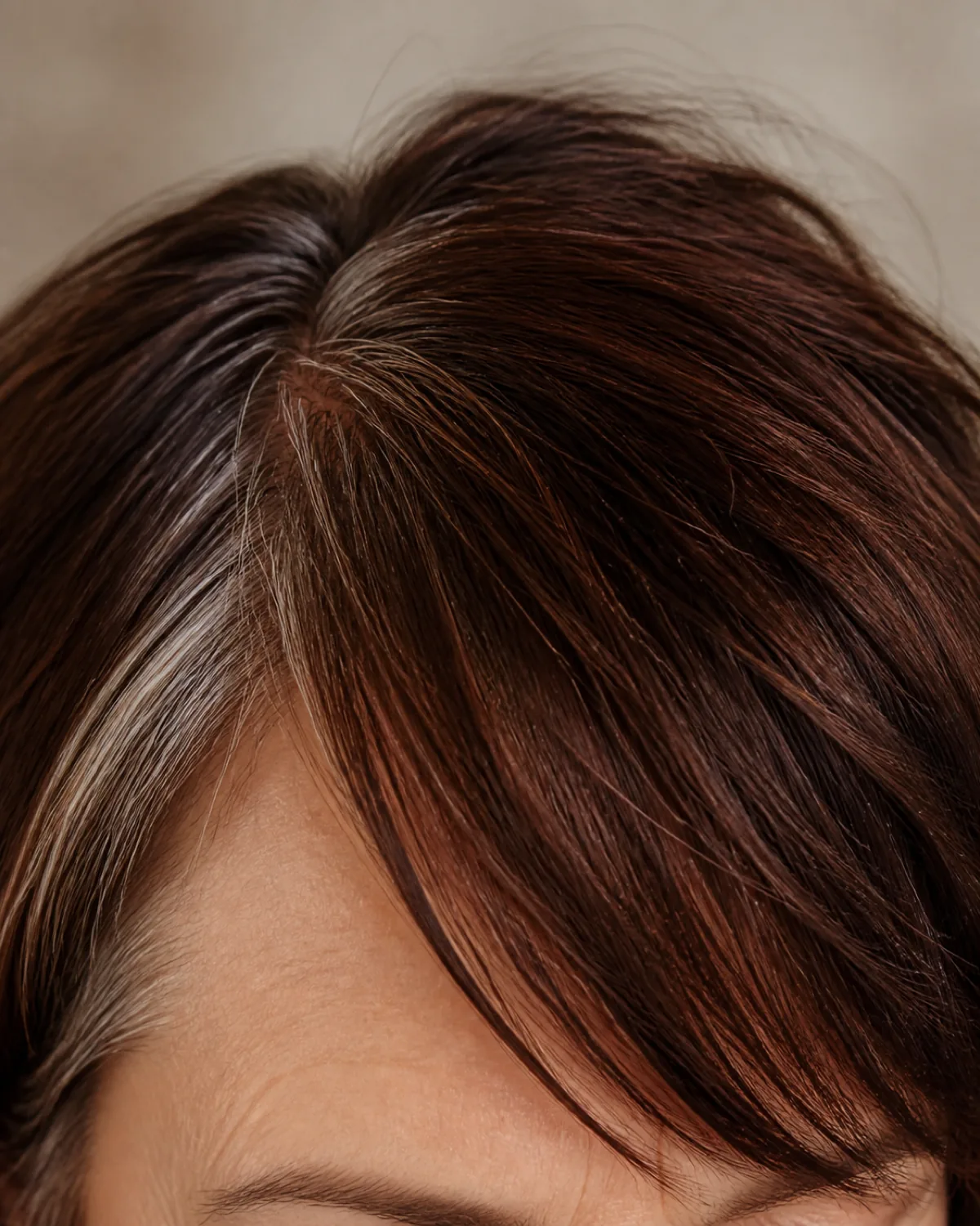 A close crop on the fringe and brow line showing side-swept bangs sweeping diagonally across the forehead, dark auburn hair with silver at the temples, eyes below the frame edge