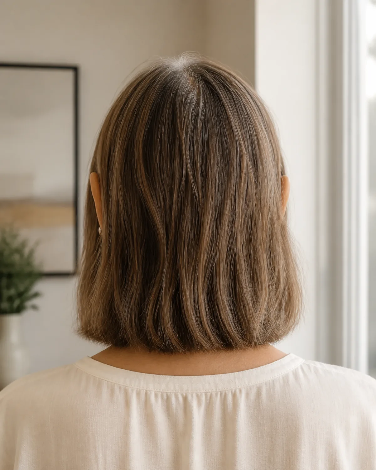 A woman in her late 50s with a textured lob at collarbone length, viewed from behind showing what appears to be a one-length cut with subtle internal texture at the ends, medium-brown hair with grey at the roots