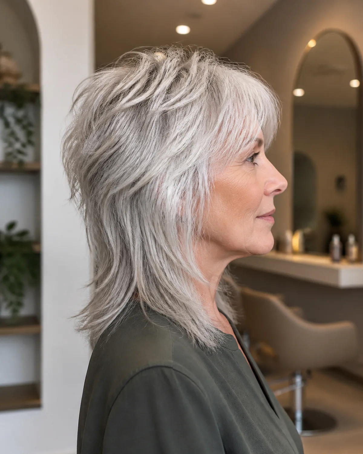 A woman in her late 50s with a medium-length wolf cut, full profile view, silver-white hair showing short choppy crown layers stacking volume above longer shoulder-length strands