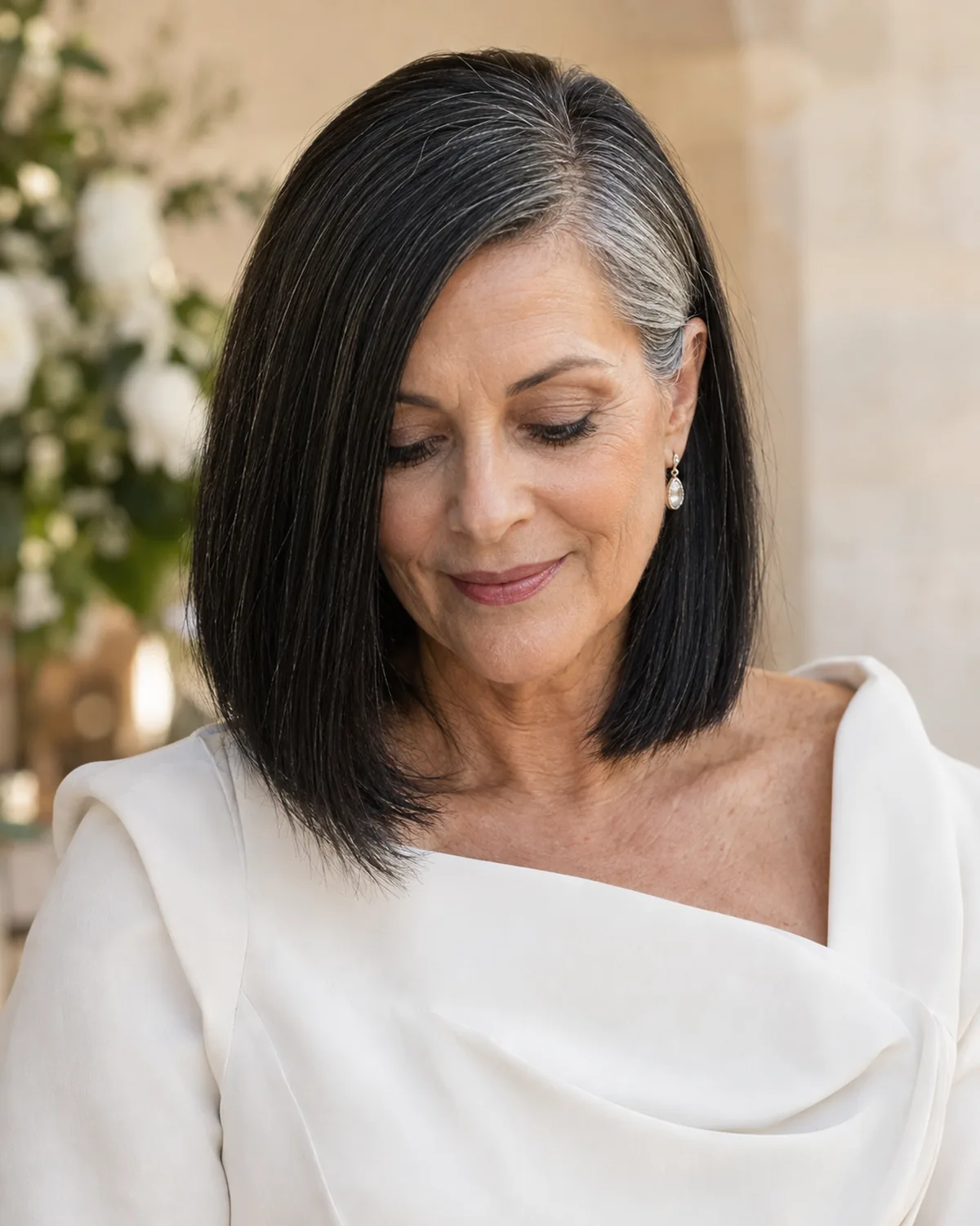 Front view of mature woman with sleek black shoulder-length bob and deep side part, silver strands at temples, white structured blouse, eyes downcast