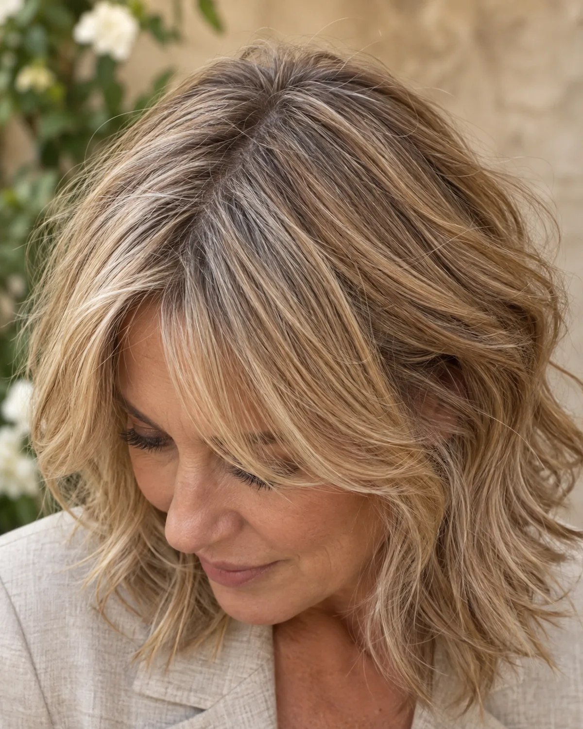 Close crop of mature woman with tousled honey-blonde shoulder-length shag, piece-y textured ends, natural silver threading, stone linen blazer, outdoor light